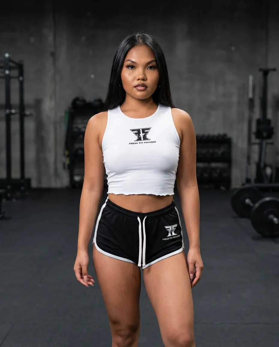 Woman wearing black Fresh Fit Focused gym shorts in a strength-training gym
