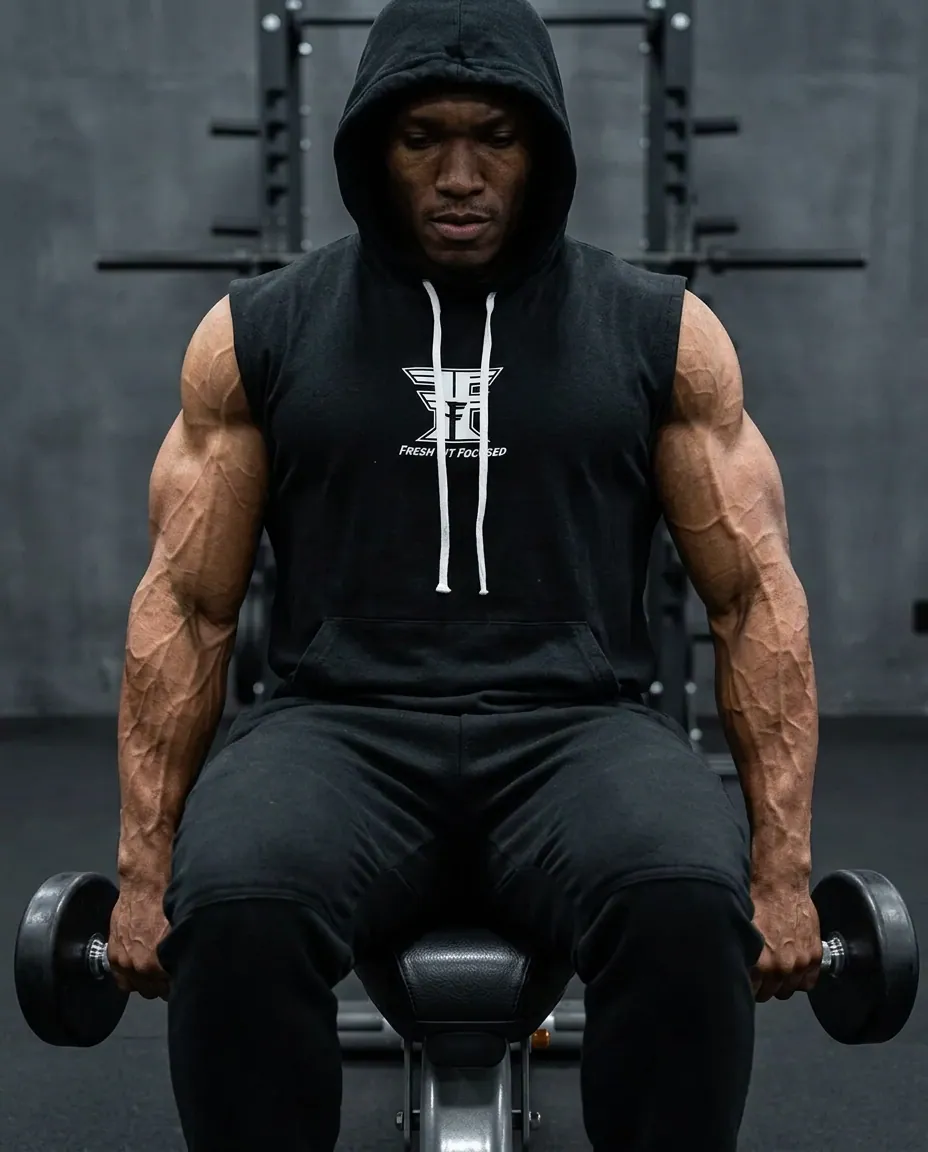 Athlete performing seated dumbbell training in the black Fresh Fit Focused sleeveless hoodie