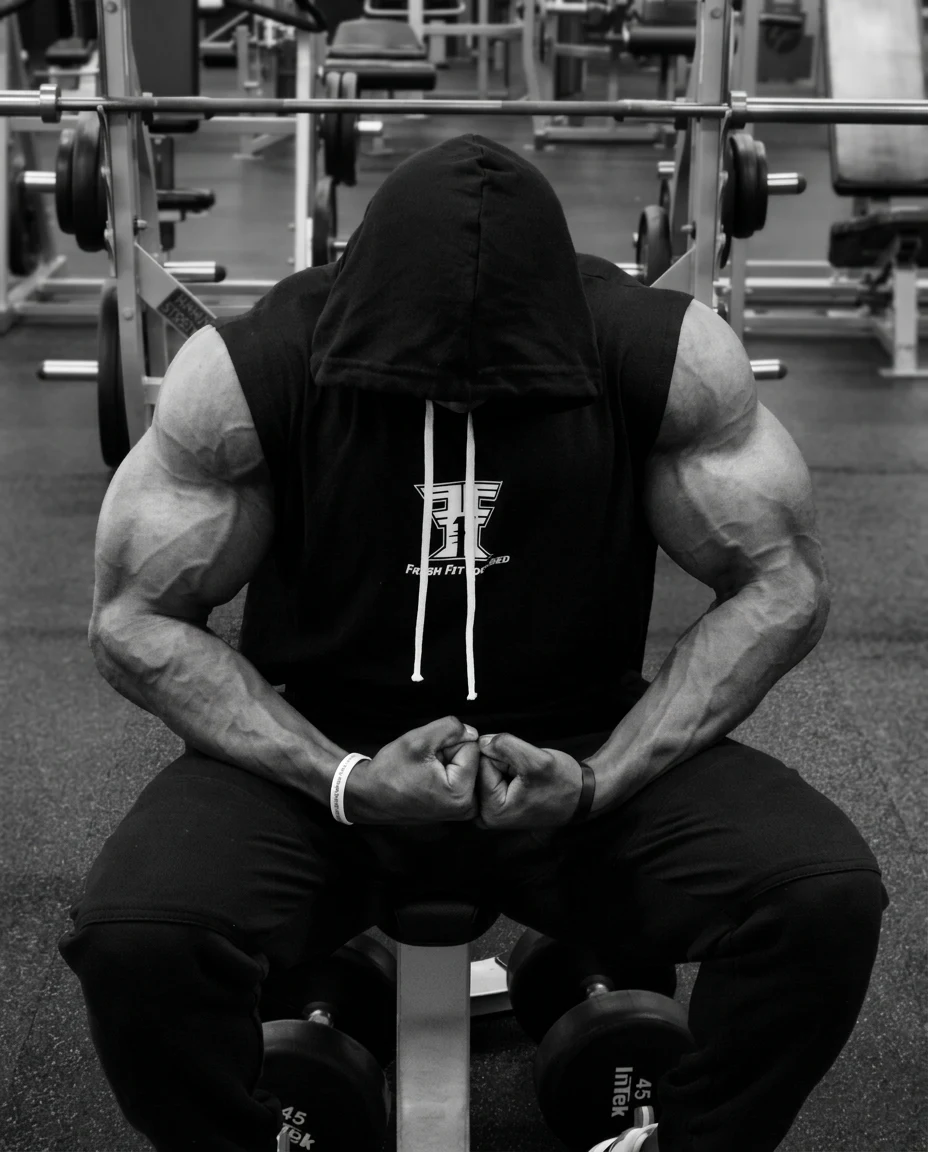 Athlete flexing in Fresh Fit Focused gym apparel