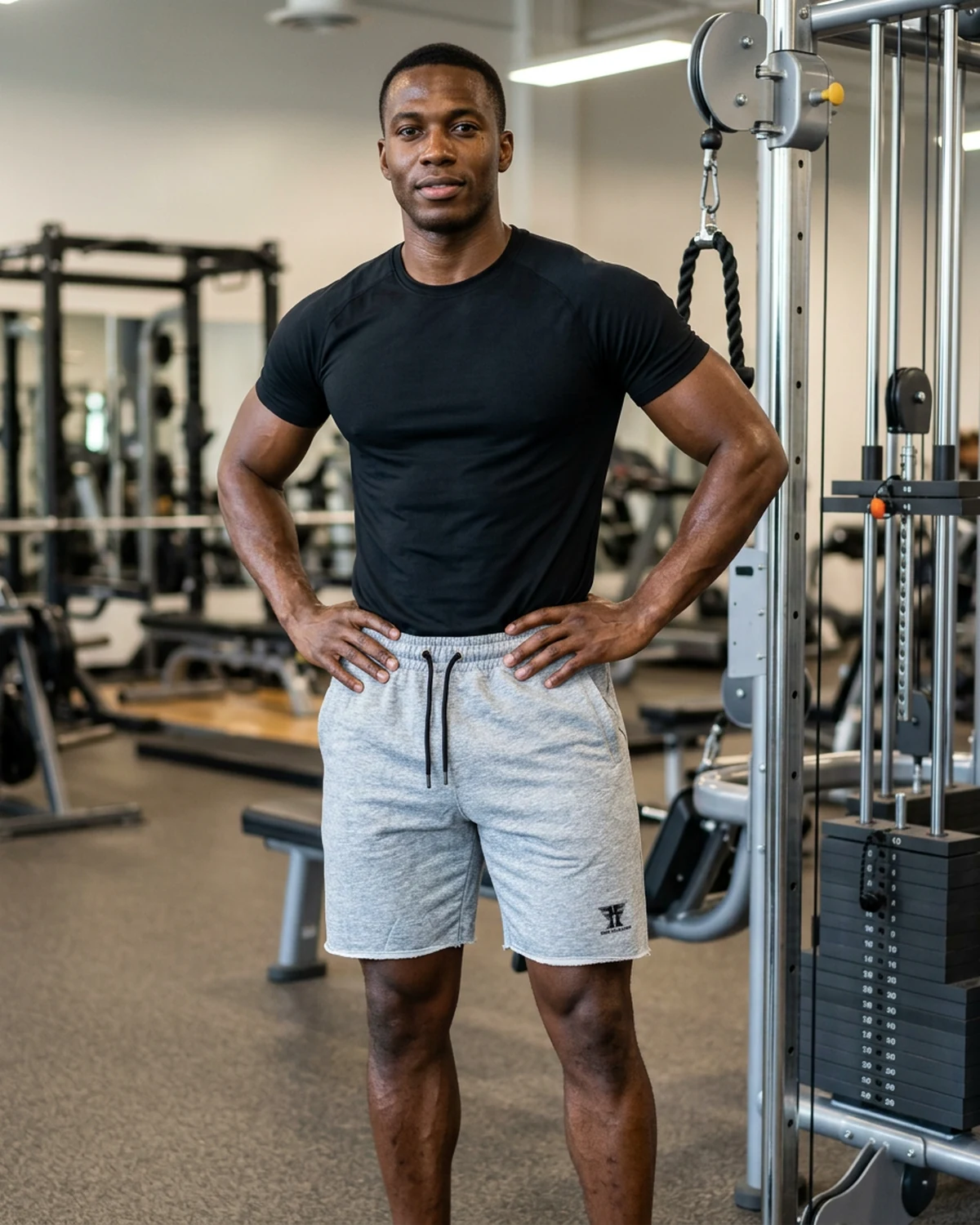 Muscular man wearing Fresh Fit Focused grey French Terry shorts in the gym